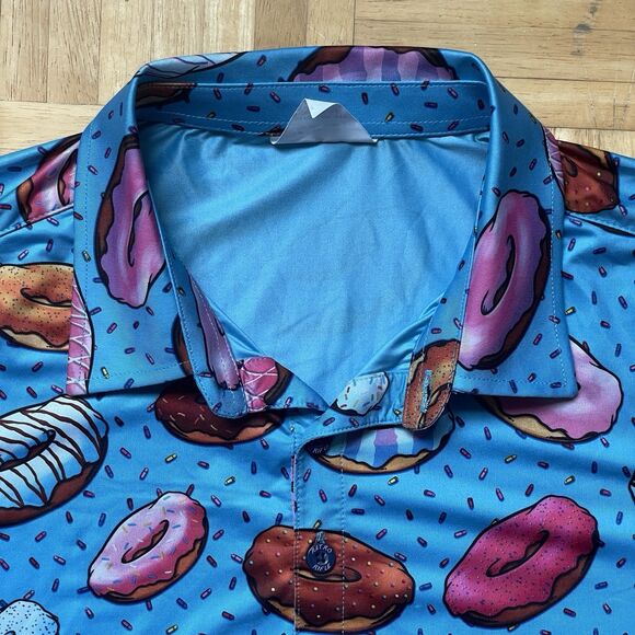 Retro Rifle Polo Shirt Men's Large Short Sleeve Blue Donuts AOP Golf Performance - Picture 4 of 8